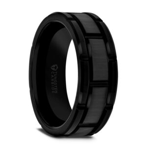 WINDSOR Beveled Black Tungsten Carbide Wedding Band with Brush Finished Center and Alternating Grooves - 8 mm & 10mm