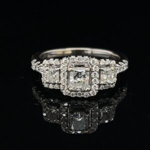 #3064-971200 1.0 ct. 14K White Gold 3 Stone Halo Engagement Ring Color H Clarity SI1