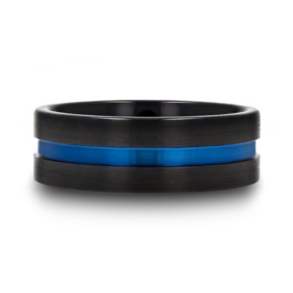 WESTLEY Flat Brushed Finish Black Ceramic Men’s Wedding Ring with Blue Grooved Center - 8mm