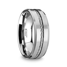 LANNISTER Men’s Tungsten Flat Wedding Band with Steel Wire Cable Inlay & Beveled Edges - 8mm|LANNISTER Men’s Tungsten Flat Wedding Band with Steel Wire Cable Inlay & Beveled Edges - 8mm
